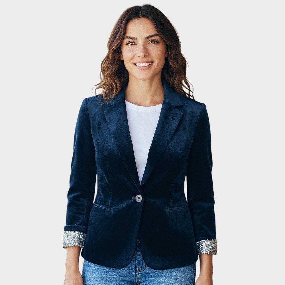 Vintage Aeve Blazer Womens Medium Blue Velvet Jeweled Cuff Preppy Quiet Luxury